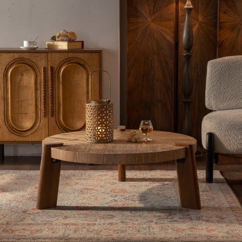 Wood Round Coffee Table For Living Room, Rustic Natural Coffee Table For Apartment, Easy Assembly