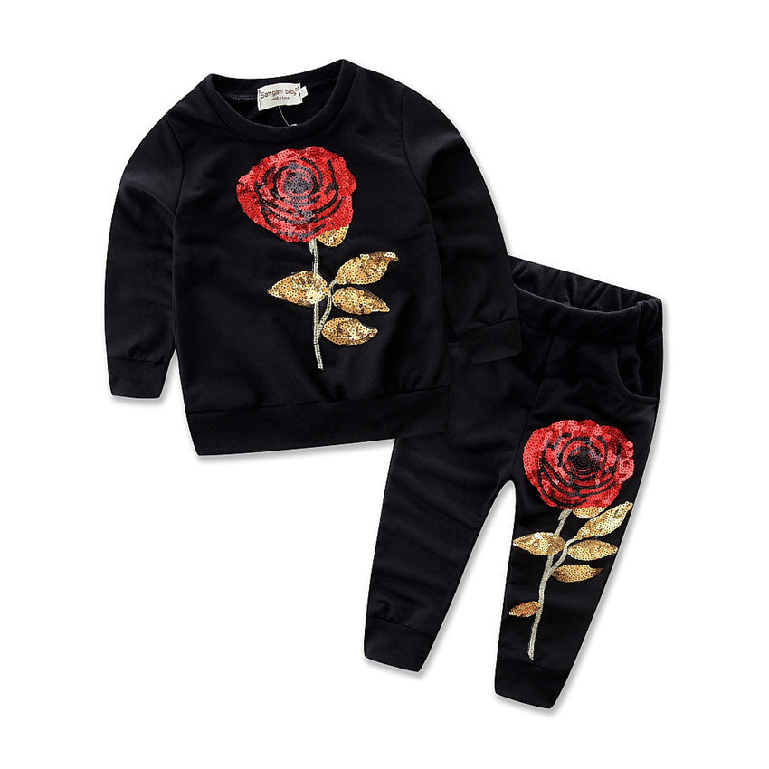 Girls' rose embroidered sports sweater 2-piece set