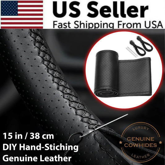 Genuine Leather DIY Car Steering Wheel Cover Anti-slip For Cm Black US