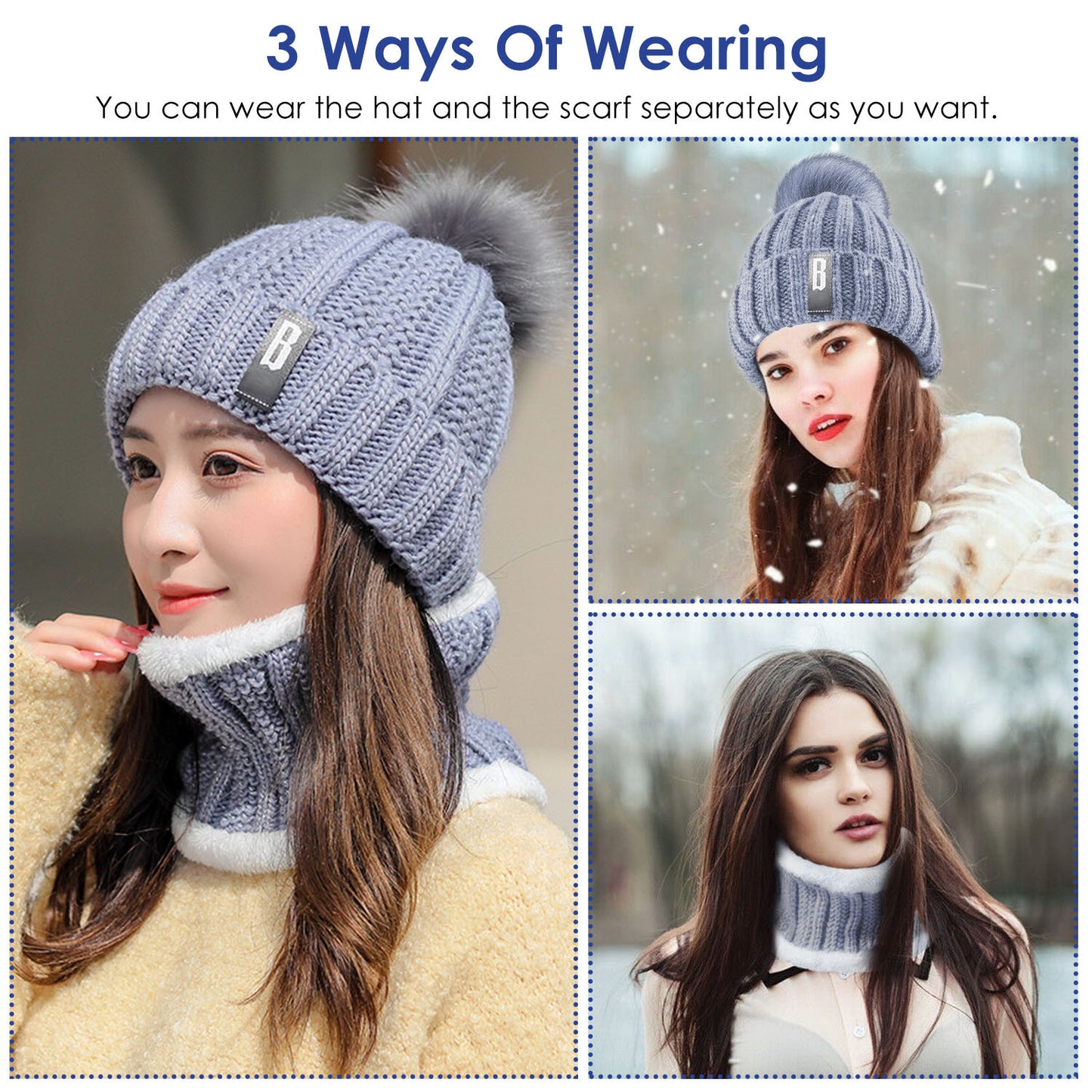 1Set Winter Beanie Hat Scarf Set Women Warm Knitting Skull Cap Neck Warmer For Walking Running Hiking Camping Outdoors Gift