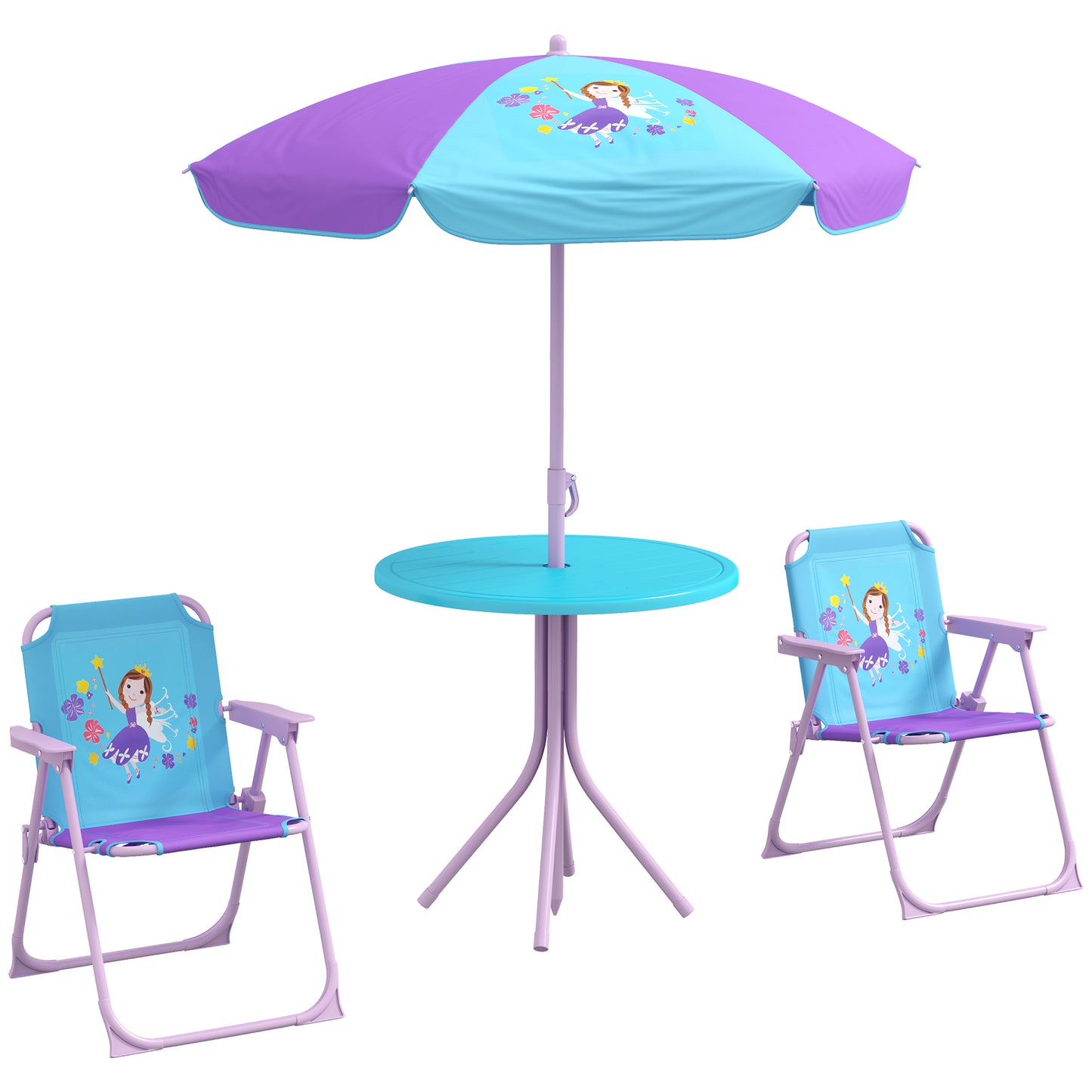 Kids Picnic Table And Chair Set, Fairy Themed Outdoor Garden Furniture W/ Foldable Chairs, Adjustable Parasol