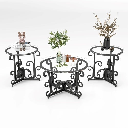 3 Piece Tempered Glass Surface Coffee Table Set Decor Coffee Table
