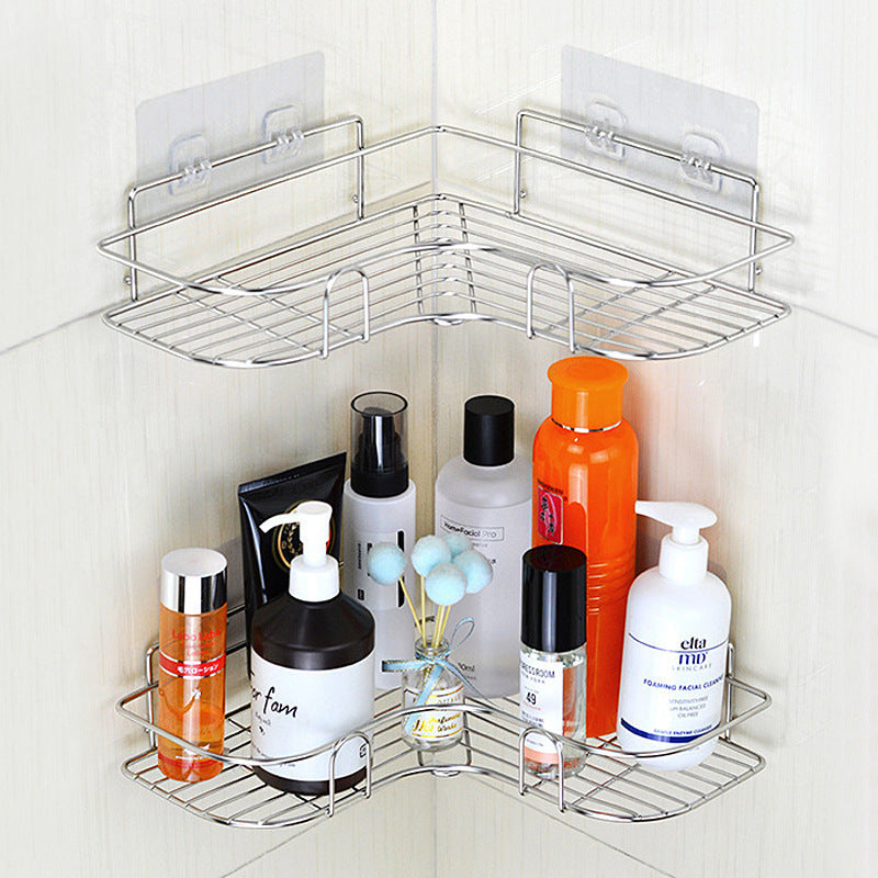 Stainless Steel Perforated Free Corner Shelf Bathroom WashRack Toilet Wall Suction Kitchen