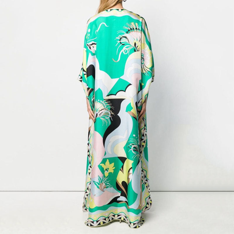 Womens Robe Loose Casual Fashion Printing V-Neck Long Skirt Holiday Style Dress