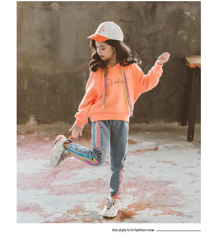 Girls" Suit Autumn New Korean Girls" Middle And Large Children"s Color Rope Solid Color Hooded Sweater Leisure Two Piece Set