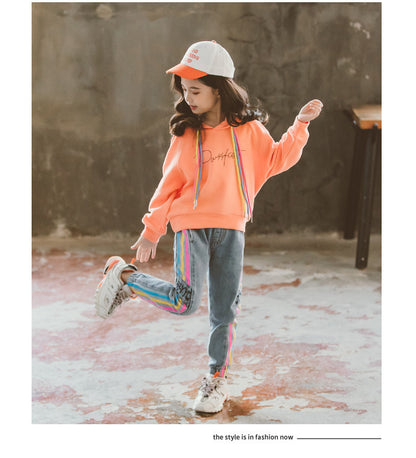 Girls" Suit Autumn New Korean Girls" Middle And Large Children"s Color Rope Solid Color Hooded Sweater Leisure Two Piece Set