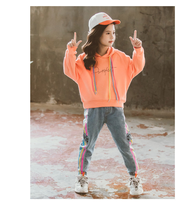 Girls" Suit Autumn New Korean Girls" Middle And Large Children"s Color Rope Solid Color Hooded Sweater Leisure Two Piece Set