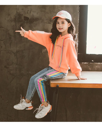 Girls" Suit Autumn New Korean Girls" Middle And Large Children"s Color Rope Solid Color Hooded Sweater Leisure Two Piece Set