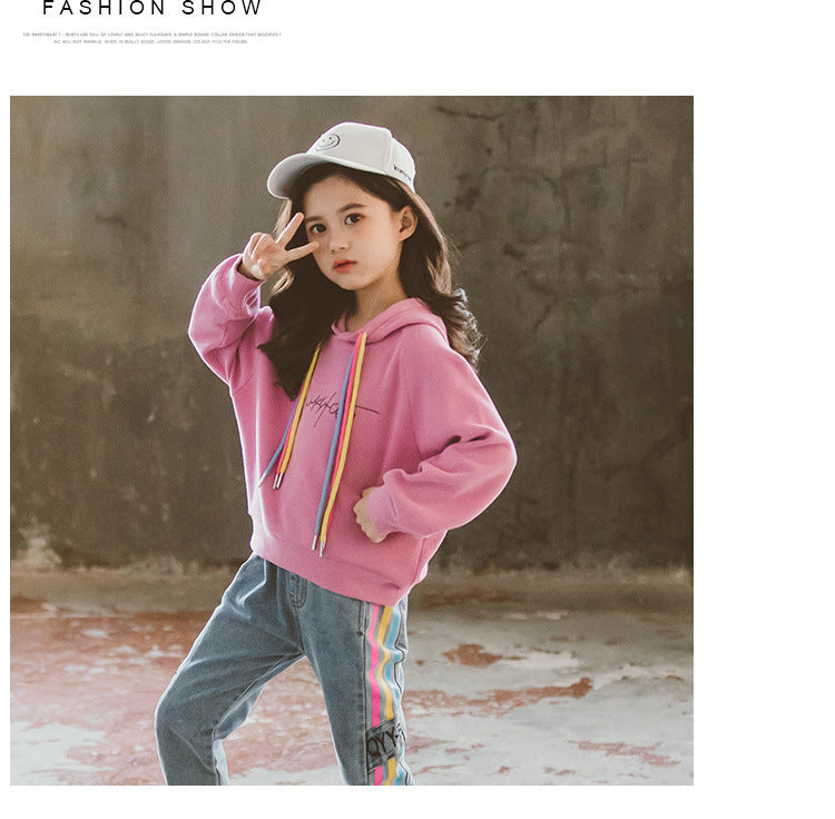 Girls" Suit Autumn New Korean Girls" Middle And Large Children"s Color Rope Solid Color Hooded Sweater Leisure Two Piece Set