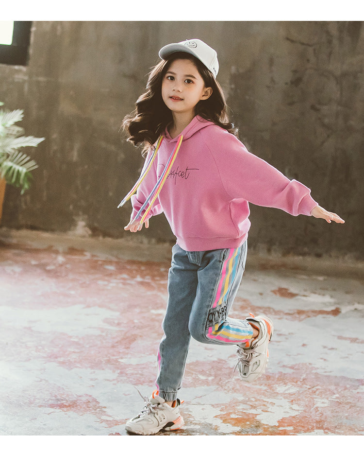 Girls" Suit Autumn New Korean Girls" Middle And Large Children"s Color Rope Solid Color Hooded Sweater Leisure Two Piece Set