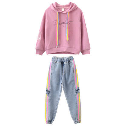 Girls" Suit Autumn New Korean Girls" Middle And Large Children"s Color Rope Solid Color Hooded Sweater Leisure Two Piece Set