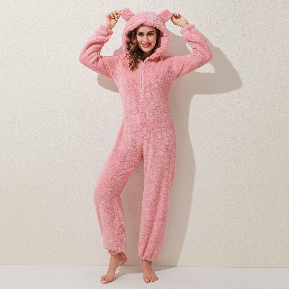 New Autumn And Winter Style One-Piece Pajamas Plus Velvet Thickening Pajamas Plush Hoodie Women