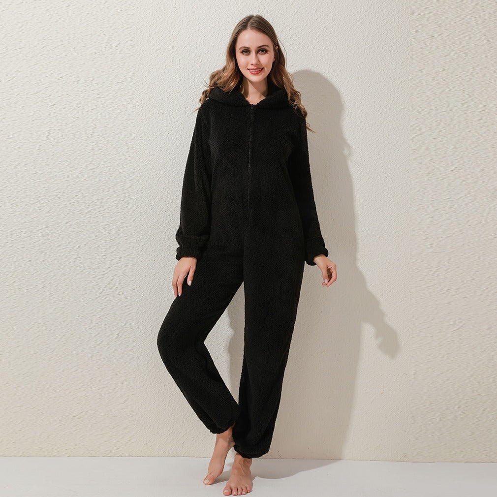 New Autumn And Winter Style One-Piece Pajamas Plus Velvet Thickening Pajamas Plush Hoodie Women