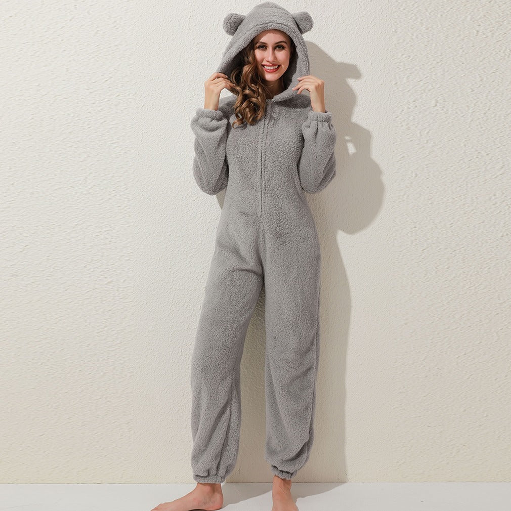 New Autumn And Winter Style One-Piece Pajamas Plus Velvet Thickening Pajamas Plush Hoodie Women