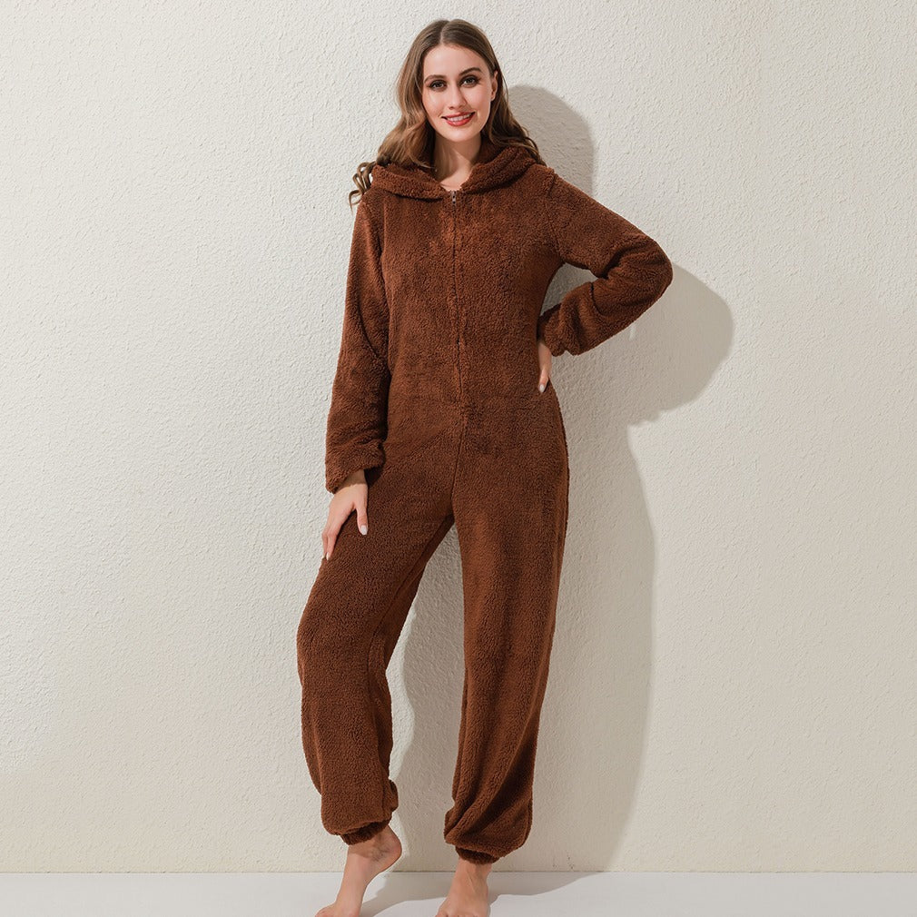 New Autumn And Winter Style One-Piece Pajamas Plus Velvet Thickening Pajamas Plush Hoodie Women