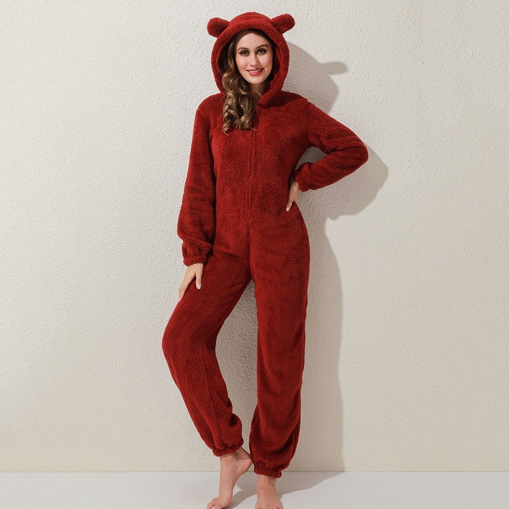 New Autumn And Winter Style One-Piece Pajamas Plus Velvet Thickening Pajamas Plush Hoodie Women