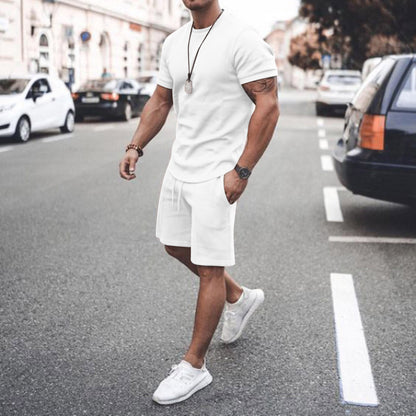 Men's Solid Color Short-sleeved Shorts Two-piece Sports And Leisure Suit