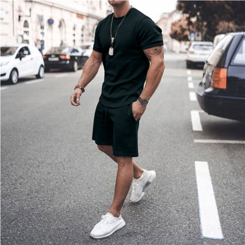 Men's Solid Color Short-sleeved Shorts Two-piece Sports And Leisure Suit