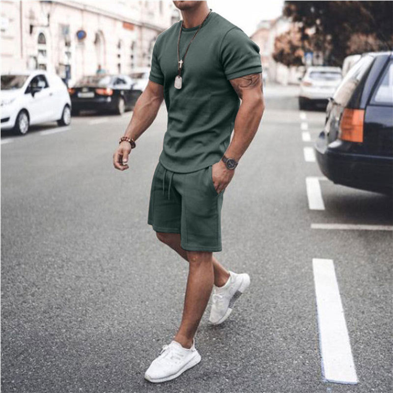 Men's Solid Color Short-sleeved Shorts Two-piece Sports And Leisure Suit