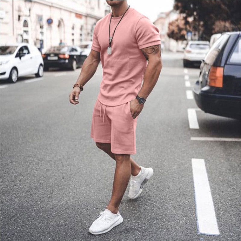 Men's Solid Color Short-sleeved Shorts Two-piece Sports And Leisure Suit