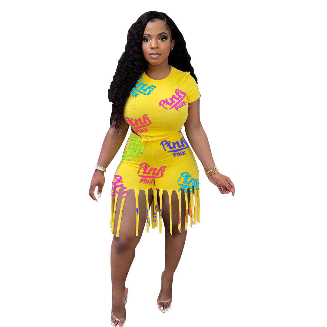 Printed Tassels Fashion Leisure Sports Two-piece Suit