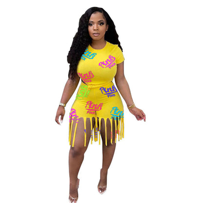 Printed Tassels Fashion Leisure Sports Two-piece Suit