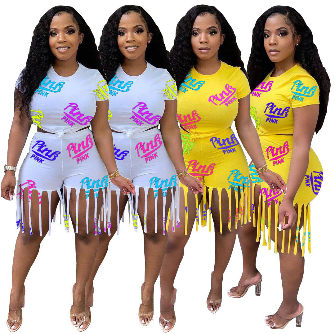 Printed Tassels Fashion Leisure Sports Two-piece Suit