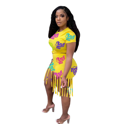 Printed Tassels Fashion Leisure Sports Two-piece Suit