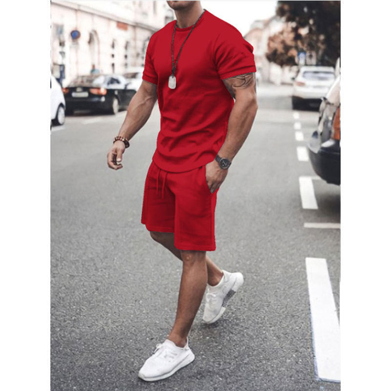 Men's Solid Color Short-sleeved Shorts Two-piece Sports And Leisure Suit