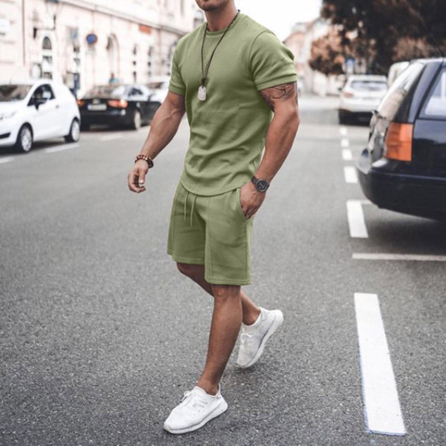 Men's Solid Color Short-sleeved Shorts Two-piece Sports And Leisure Suit