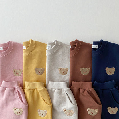 Korean Style Ins Newborn Infant Children's Cotton Bear Round Neck Sweater Sports Suit Baby Leisure Cartoon Two Piece Set