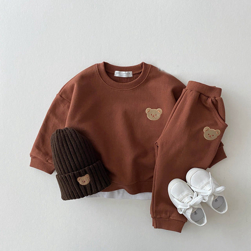 Korean Style Ins Newborn Infant Children's Cotton Bear Round Neck Sweater Sports Suit Baby Leisure Cartoon Two Piece Set