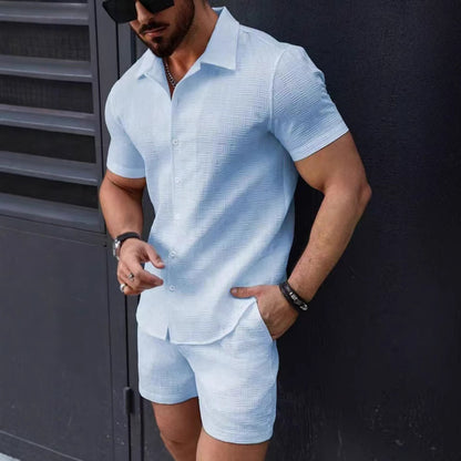 Leisure Breathable Beach Two Piece Suits Mens Summer Casual Short Sleeve Shirt And Shorts Men Outfits Vintage Textured Solid Set