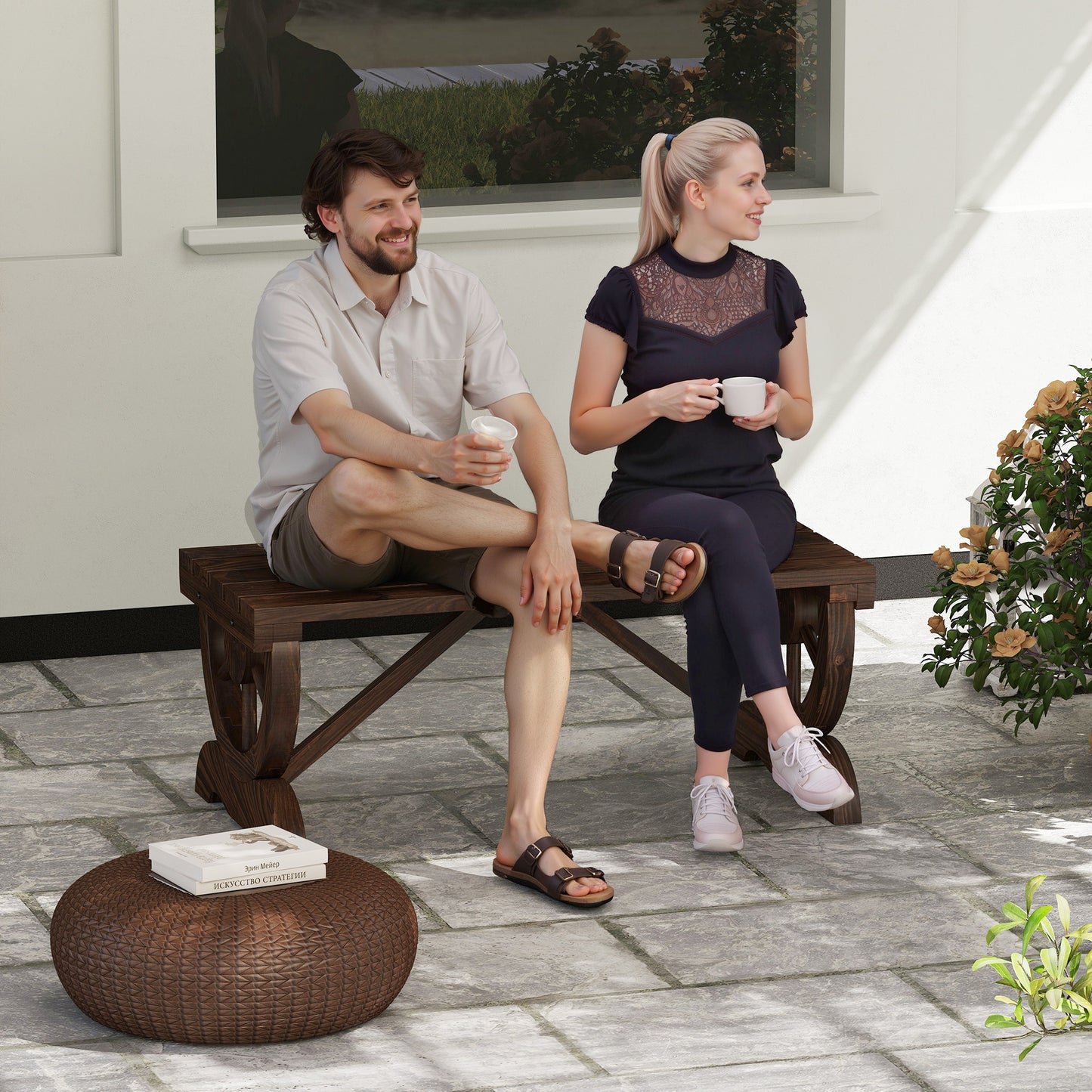 2-Person Wooden Garden Bench, Outdoor Wagon Wheel Porch Bench for Backyard Garden, Support 550 LBS, Rustic Country Style Patio Furniture, Brown