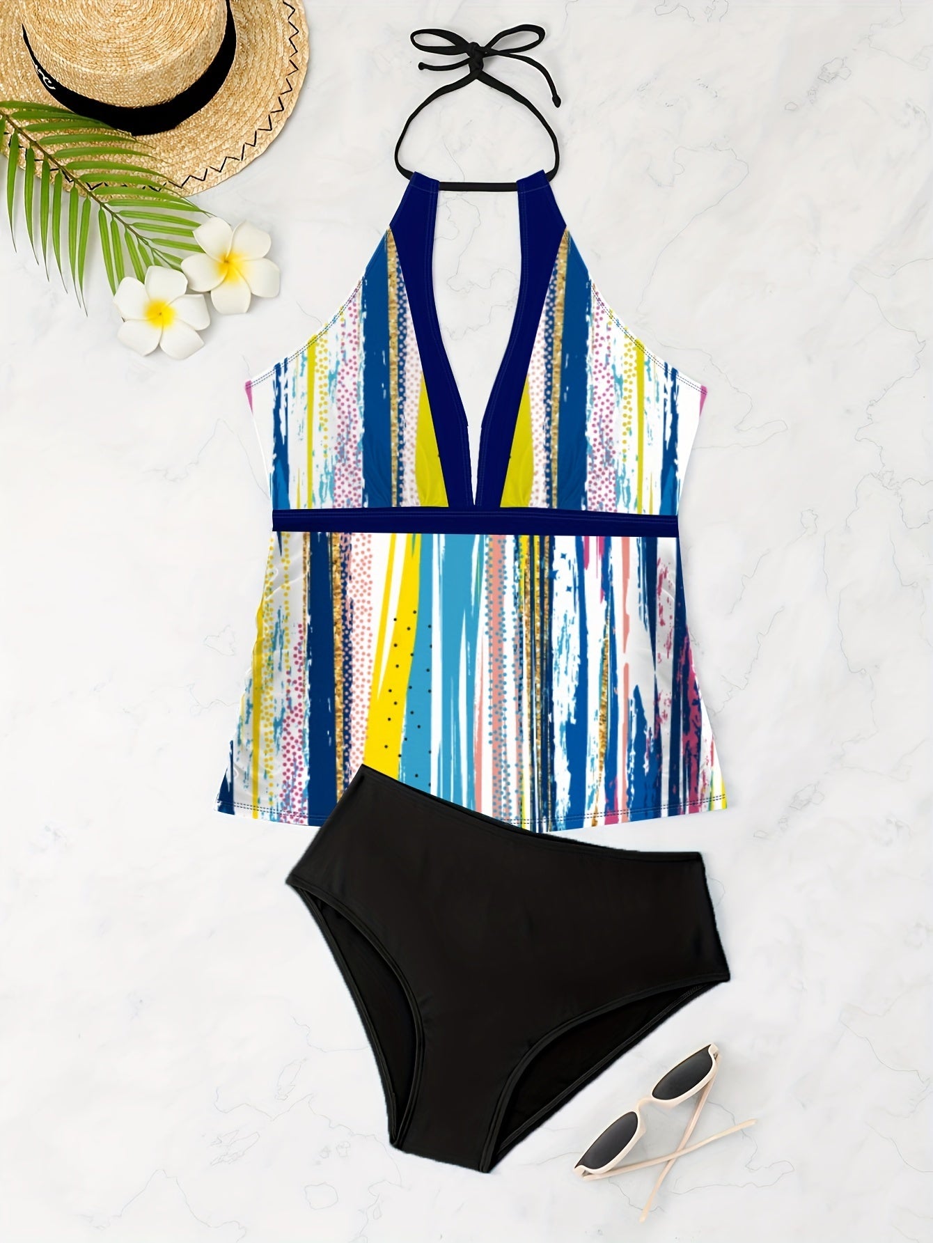 Women's Large-size Bikini Set With Colorful Stripes And A Necktie, Two-piece Set