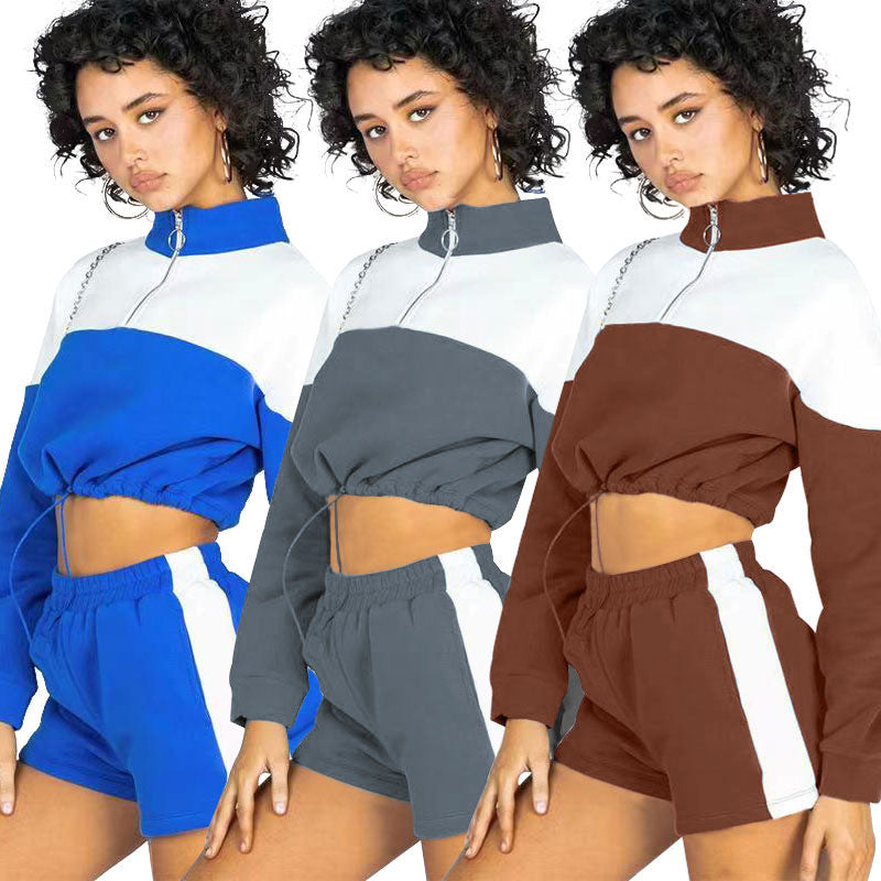 Color Matching Drawstring Leisure Shorts Women's Sweater Suit Two-piece Set