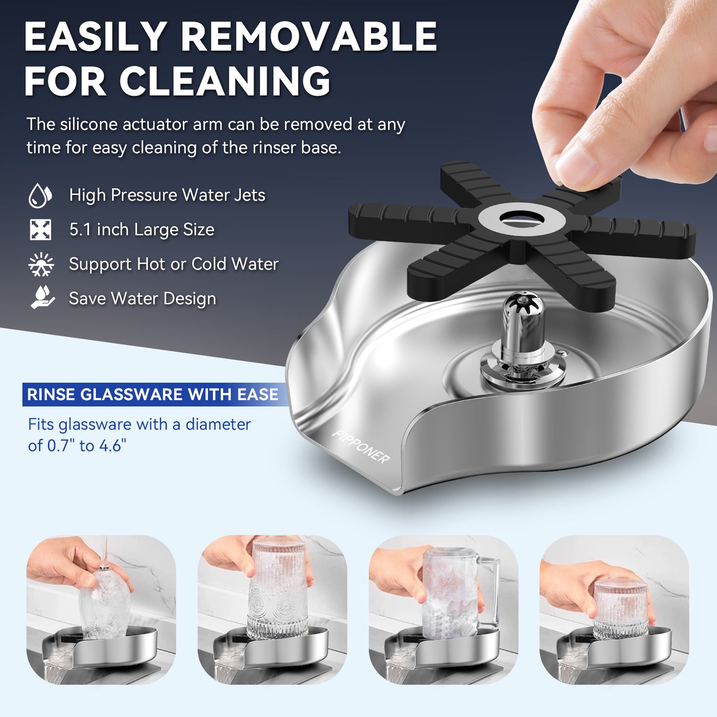 PIPPONER Metal Glass Rinser For Kitchen Sink, 5-inch High Pressure Cup Washer With Hose, Stainless Steel Glass Washer For Sink, DIY Sink Bottle Washer For Home And Commercial Use