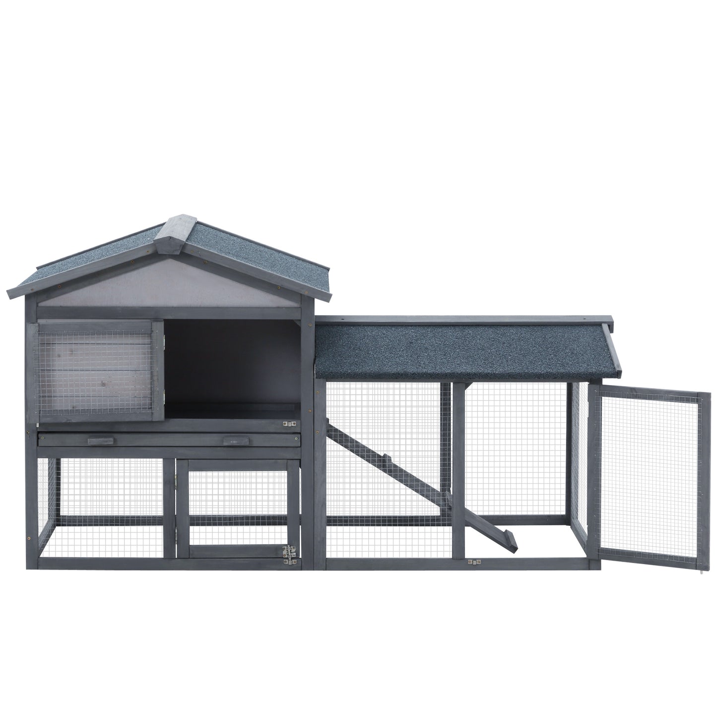 Outdoor Rabbit Hutch Wooden Bunny Cage Guinea Pig House With Run Area Removable Tray Asphalt Roof Lockable Doors Ramp Gray
