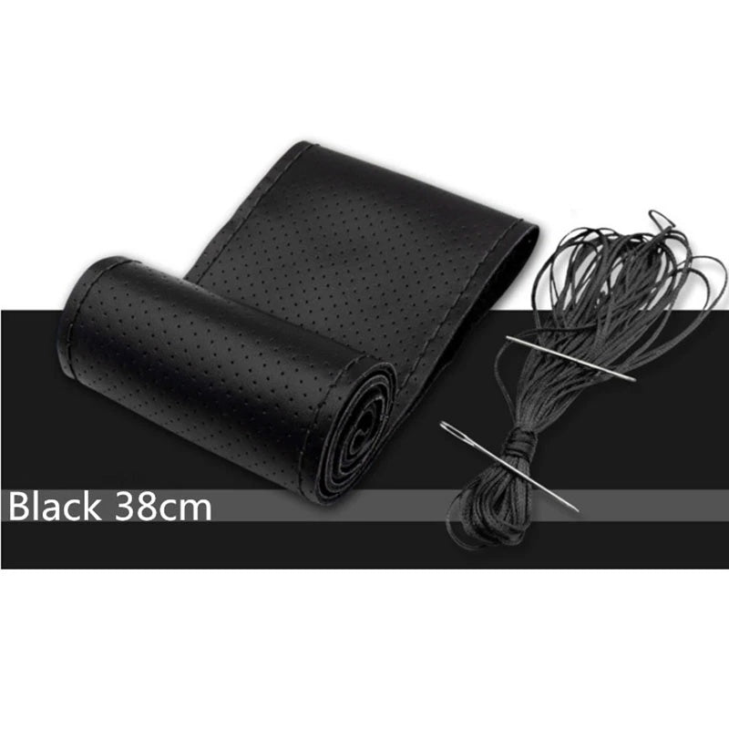 Genuine Leather DIY Car Steering Wheel Cover Anti-slip For Cm Black US