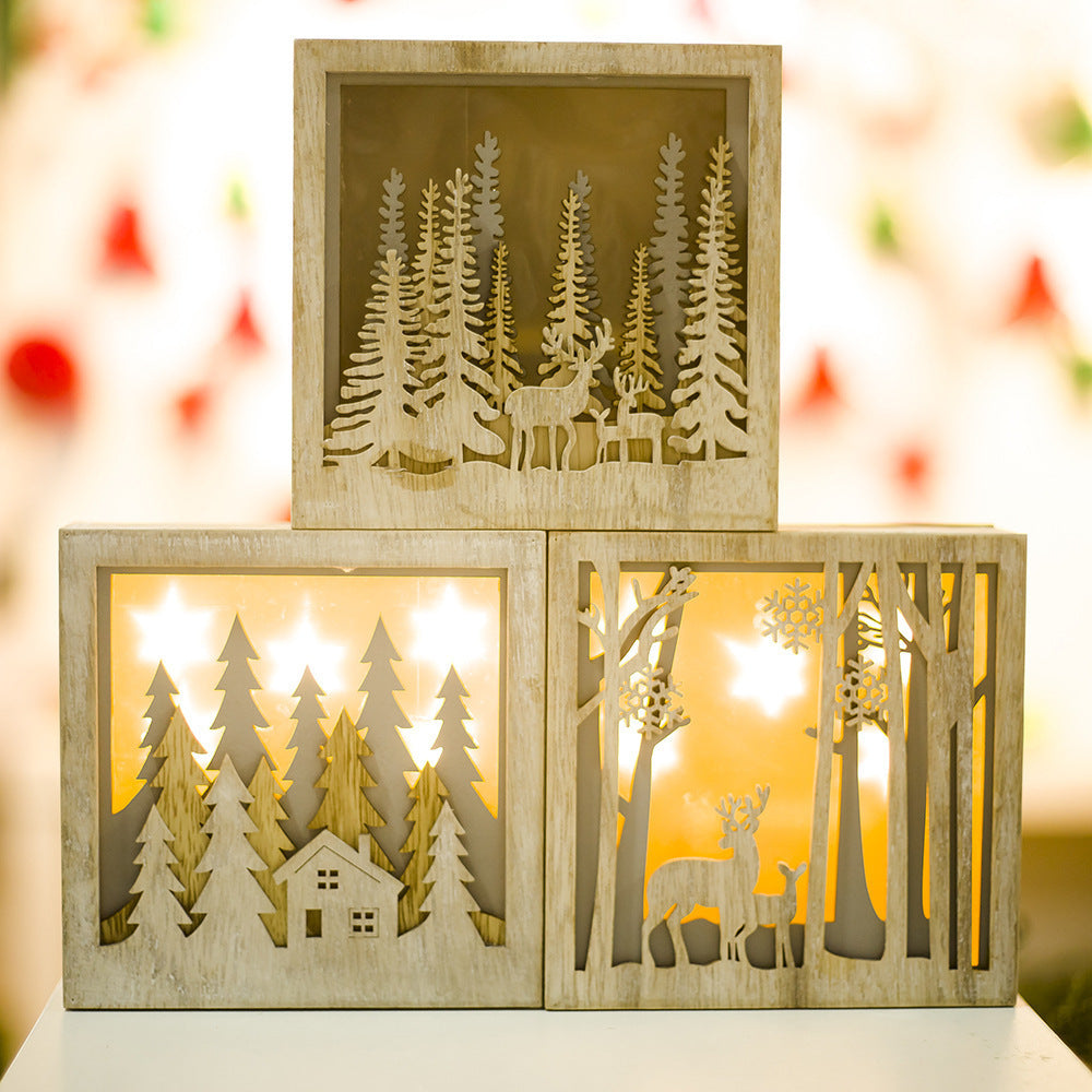 Christmas Decoration Ornaments Wooden Luminous Small Square Box