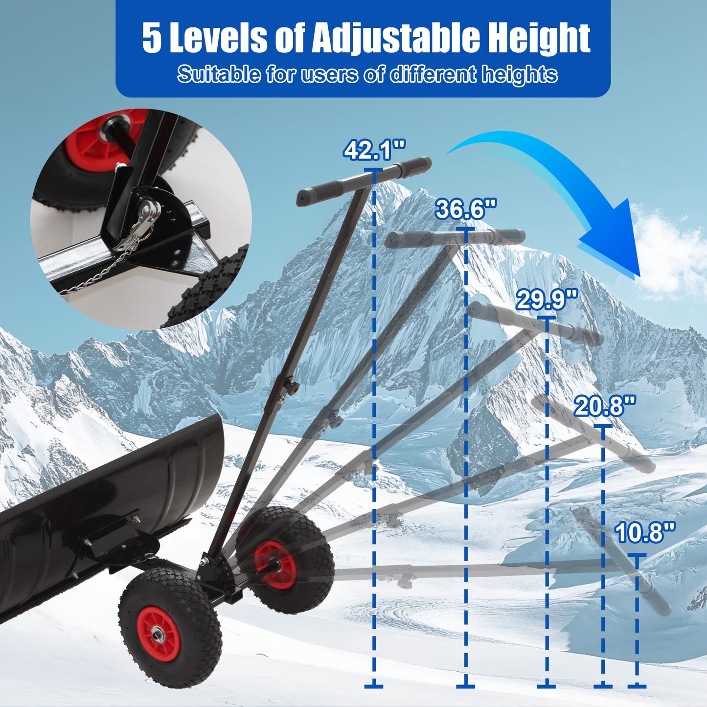 This 30-inch Wide, 15-inch High Metal Snowplow Features Two Wheels, Adjustable Handle Angle And Height For Easy Snow Removal, And An Ergonomic Single-pole Design Suitable For Driveways And Sidewalks.