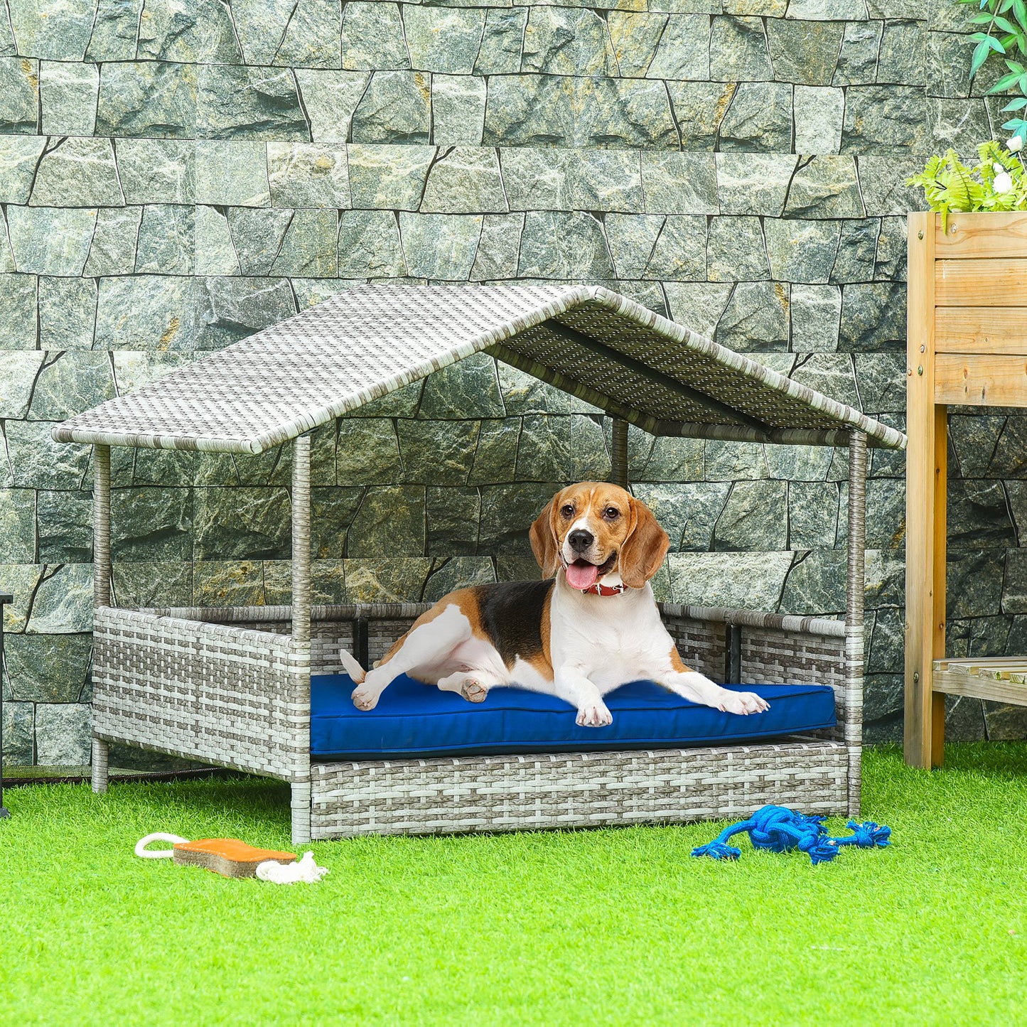 Pet House Wicker, For Indoor/Outdoor Rattan Furniture, With Water-Resistant And Removable Cushions, Elevated Bottom, Dark Blue