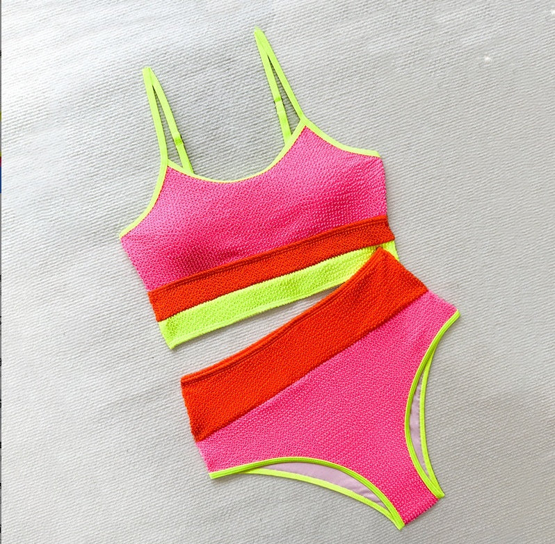 Split Color Contrast Patchwork High Waist Bikini Two-piece Set