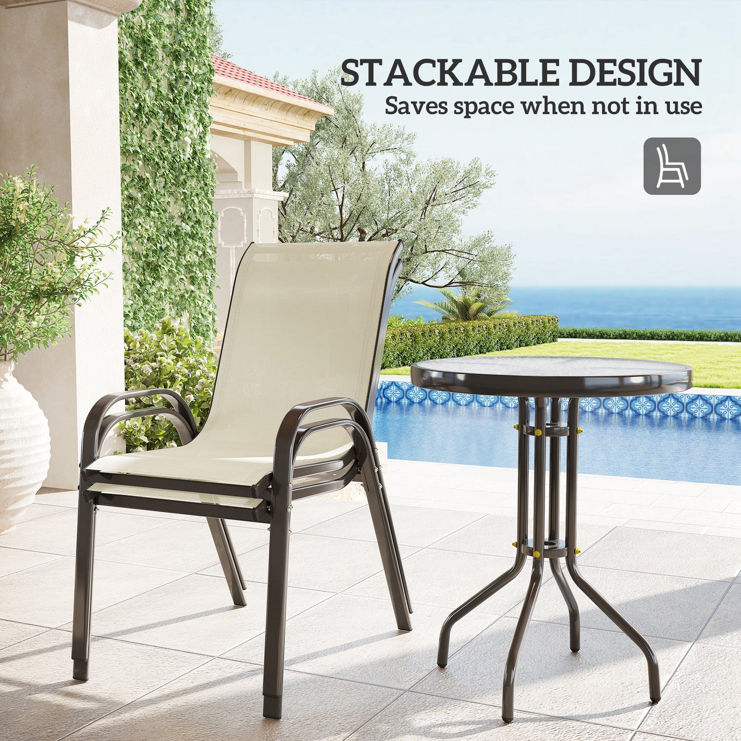 3 Pieces Bistro Set, Small Patio Furniture Set With Stackable Chairs And Glass Table For Backyard, Balcony, Beige