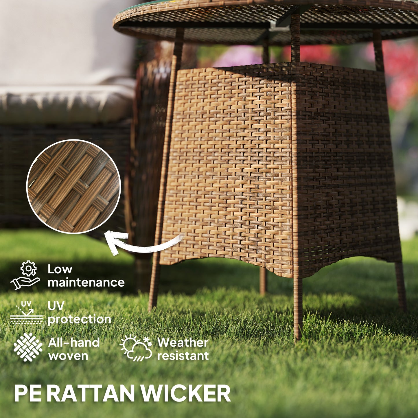 Wicker Garden Rattan Table, Patio Furniture Outdoor Coffee Table With Umbrella Hole And Tempered Glass Top, Brown