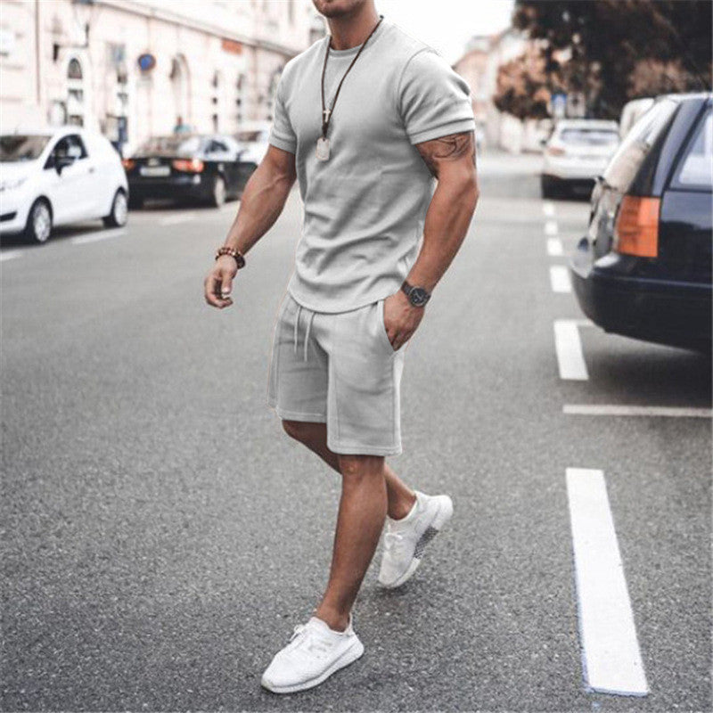 Men's Solid Color Short-sleeved Shorts Two-piece Sports And Leisure Suit