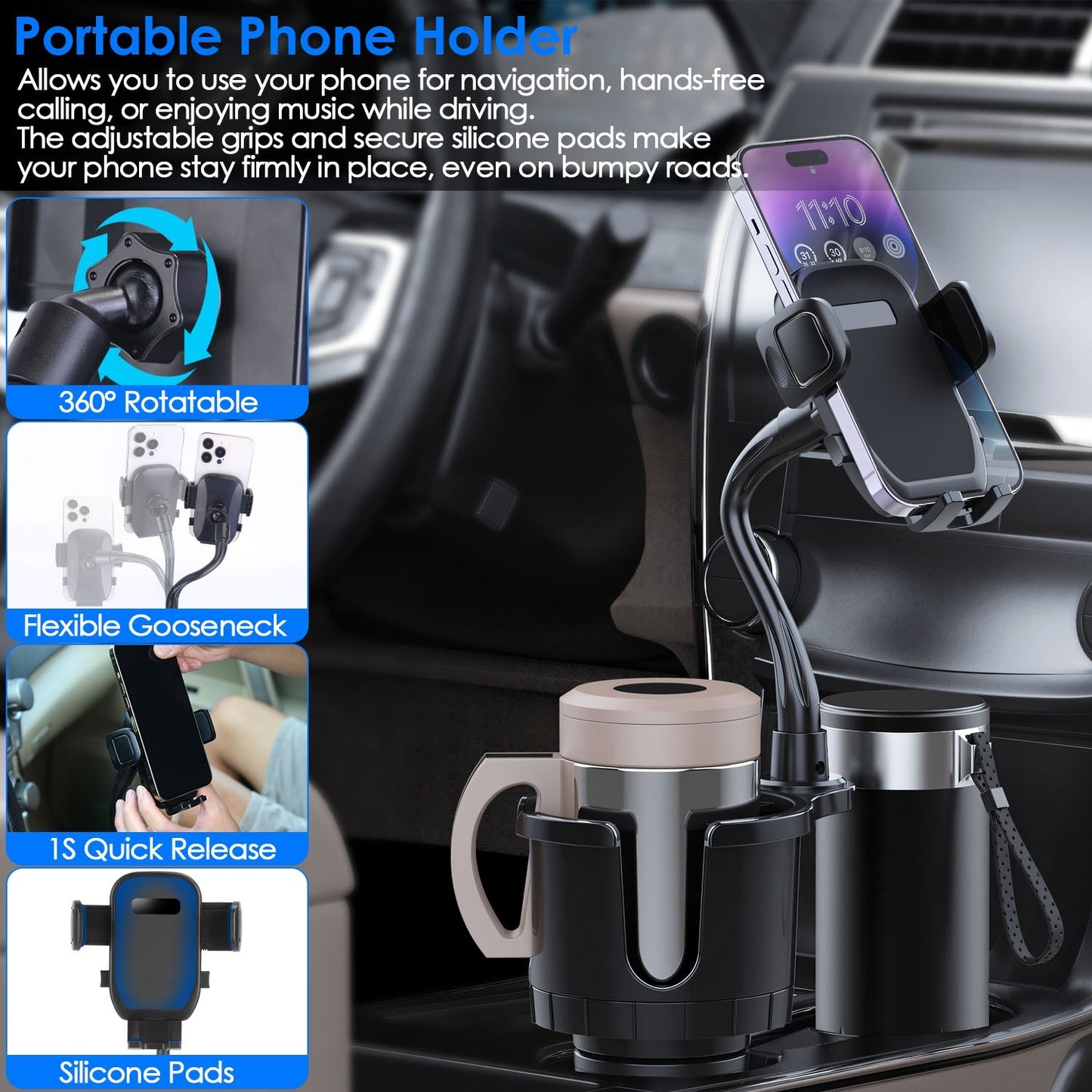 1Pc 2 In 1 Car Cup Phone Holder Automotive Drink Holder With 360 Degree Rotating Gooseneck Phone Mount Adjustable Base Fit For Most Phones Cups Vehicles