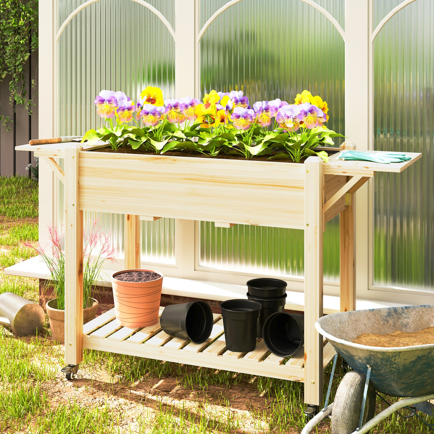 Wood Raised Planter Box, Elevated Garden Bed With Lockable Wheels, Side Tables, Bottom Shelf, Drain Holes, Natural