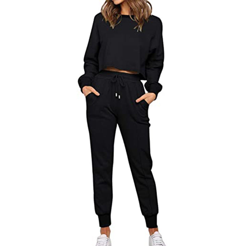Women's Sports And Leisure Solid Color Long-Sleeve Sweatpants Two-Piece Set