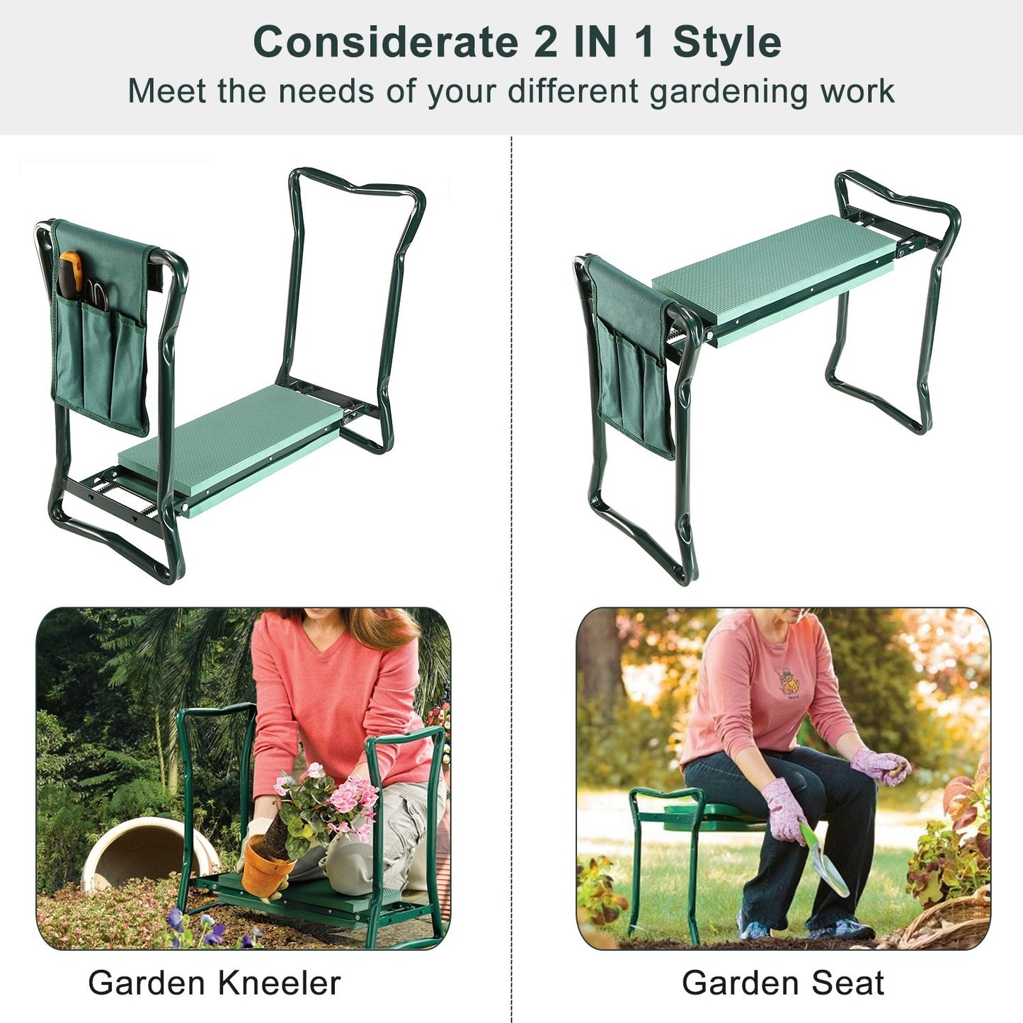 1Pc Foldable Garden Kneeler Seat With Kneeling Soft Cushion Pad Tools Pouch Portable Gardener Kneeling Bench Stool